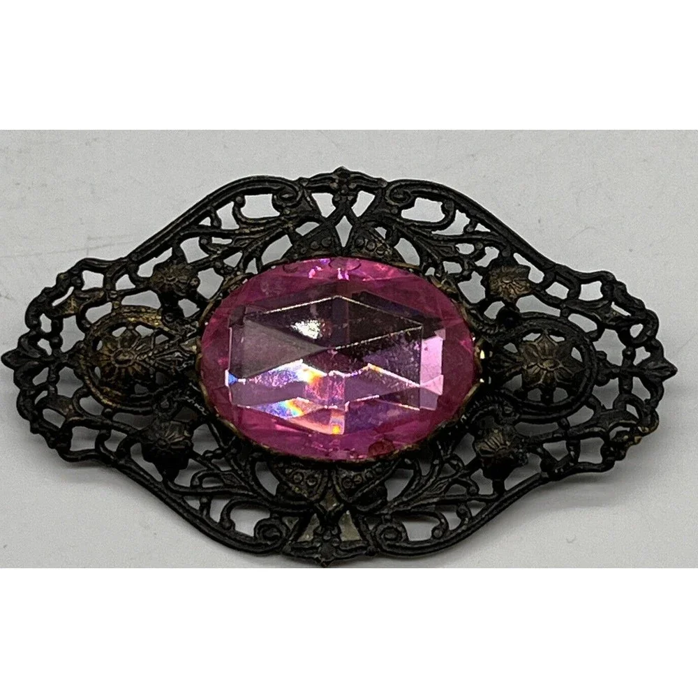 Old Metal Brooch Pin with Pink Glass Gem Brooch Is 3” X 2” , Gem Is 1” Long - Picture 1 of 10